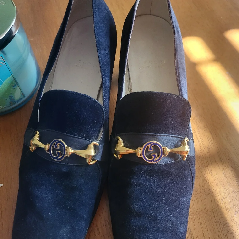 Gucci blue/gold slip on suede loafers size 7 - Picture 3 of 8